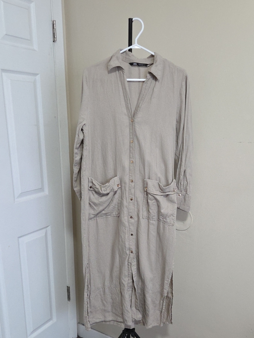 Zara Neutral Beige Button-Down Long Shirt Dress